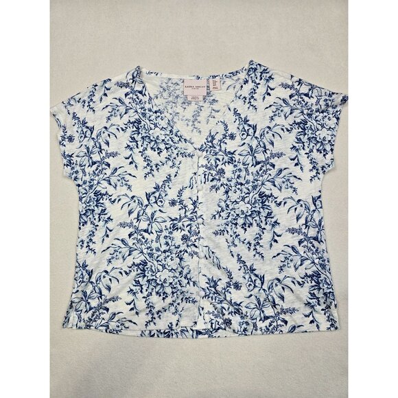 Laura Ashley Tops - Laura Ashley Womens Floral Short Sleeve Linen Lyocell Top Size M Blue & White